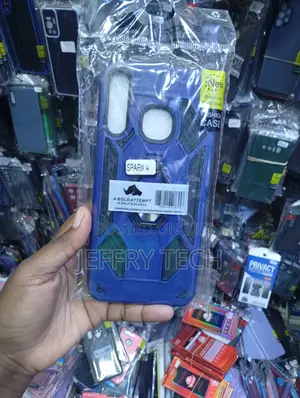 Blue Rugged Armor-Style Phone Case Labeled for the Tecno Spark 4