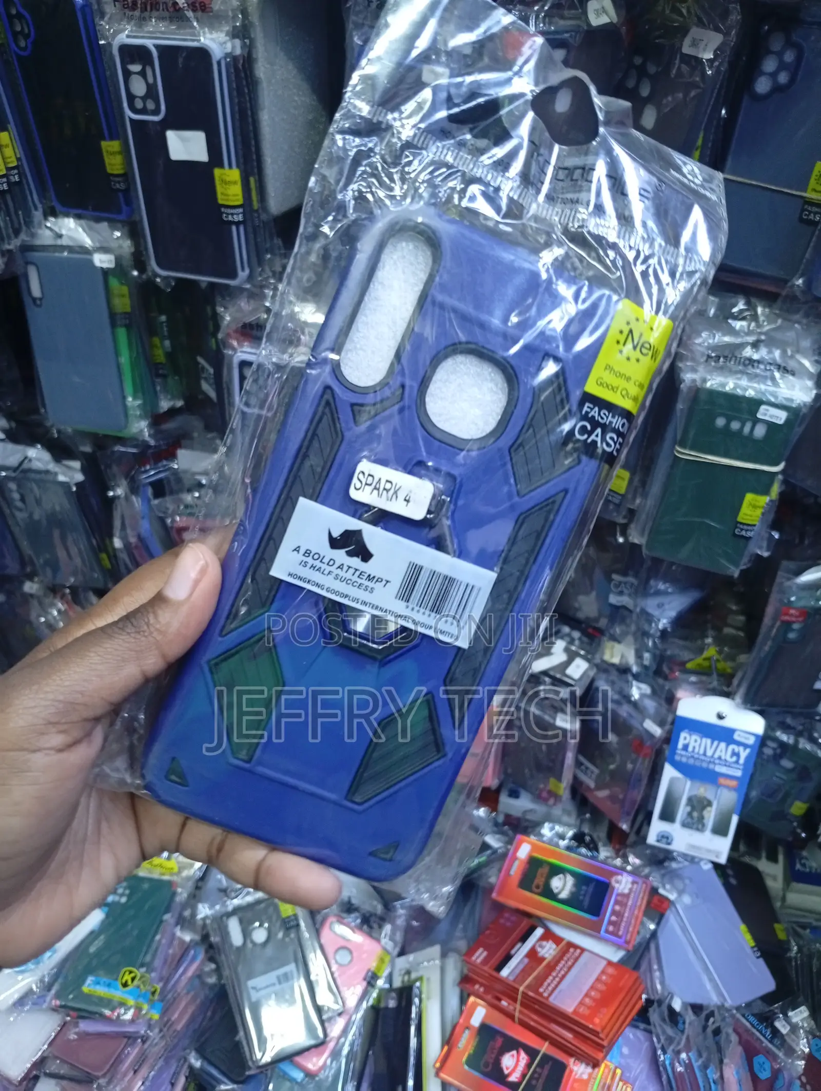 Blue Rugged Armor-Style Phone Case Labeled for the Tecno Spark 4