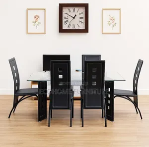6-Seater Modern Glass Dining Table Set With Black Chairs