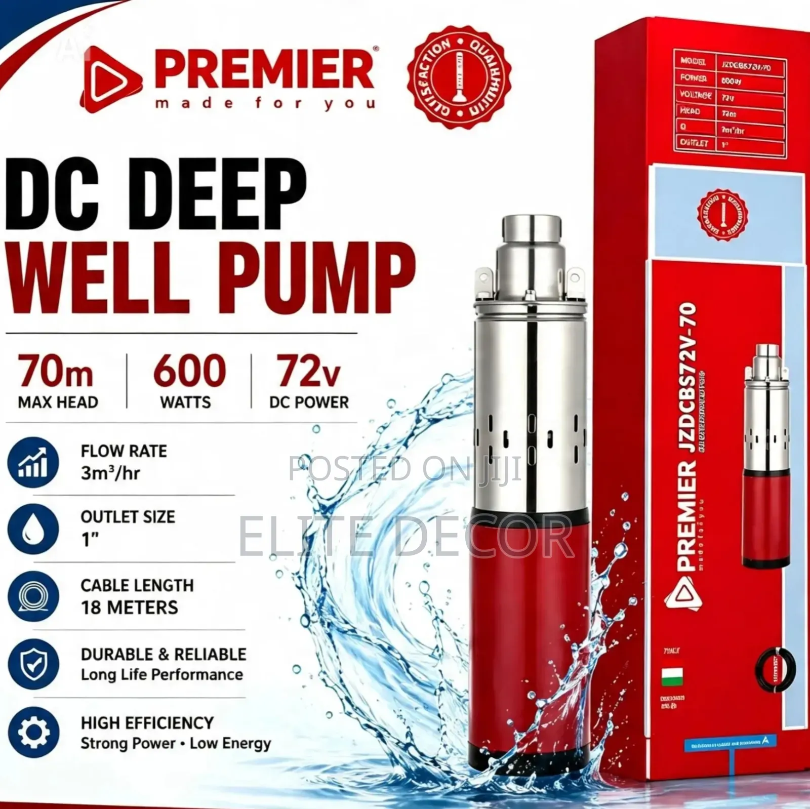 Premier 70m 600w Dc Solar Deep Well Pump – Jzdcbs72v-70
