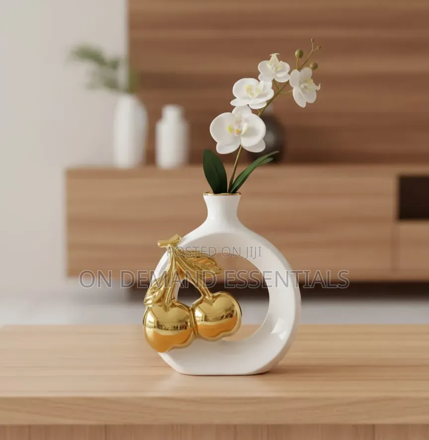 Modern Ceramic Vase With Golden Cherry Design