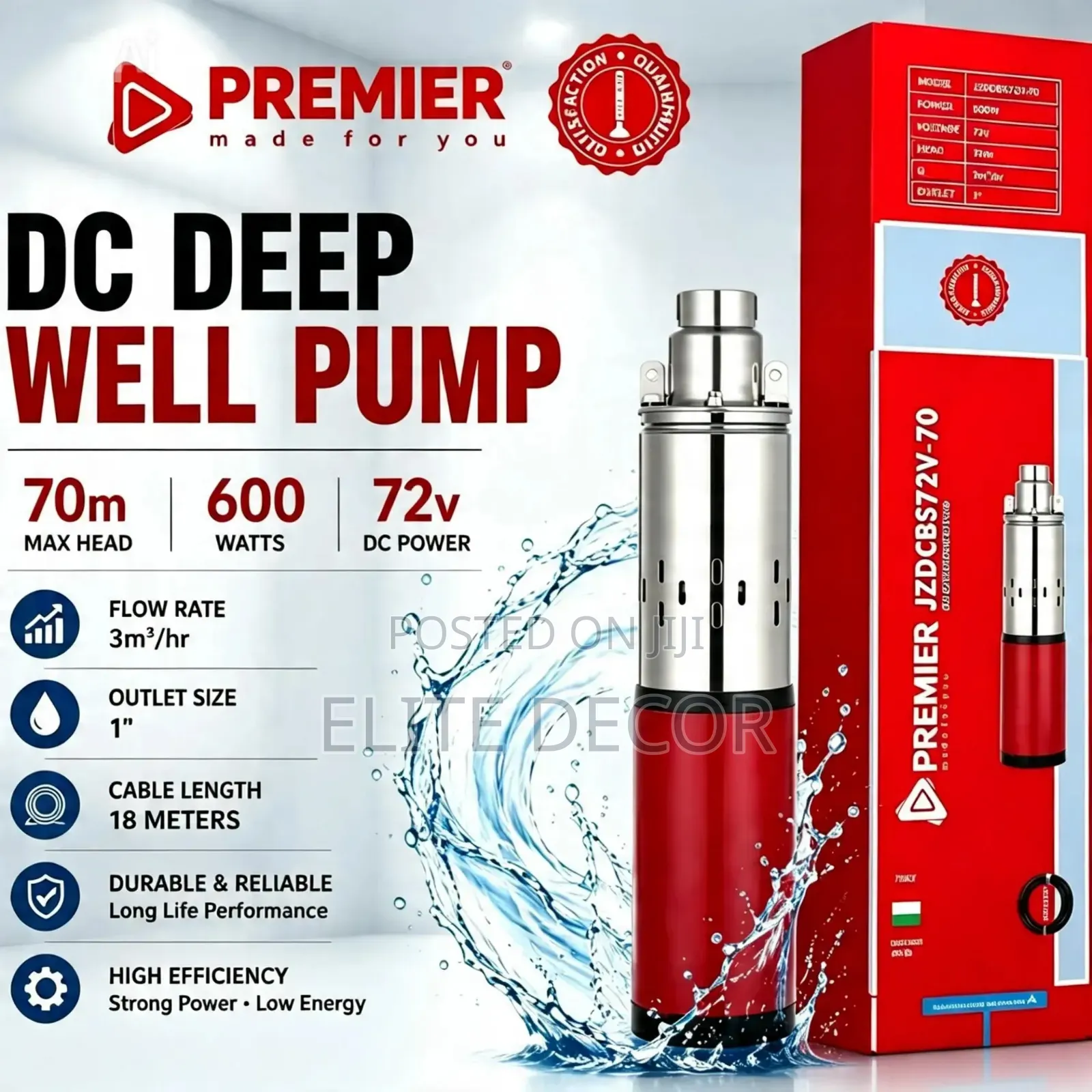 PREMIER 1000W 120V DC Deep Well Borehole Pump – 100M Head | 3000l/H