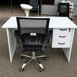 Executive White Desk With 3 Drawers and Ergonomic Chair