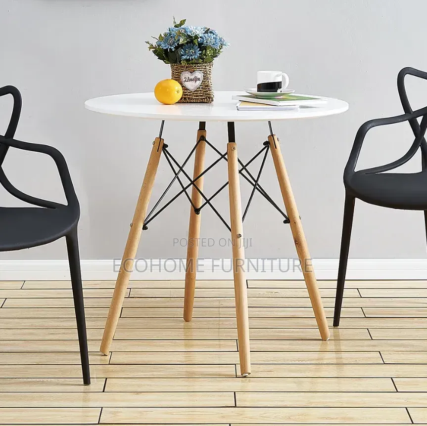 Dining Table Round White Table With Wooden Legs – 4 Seater