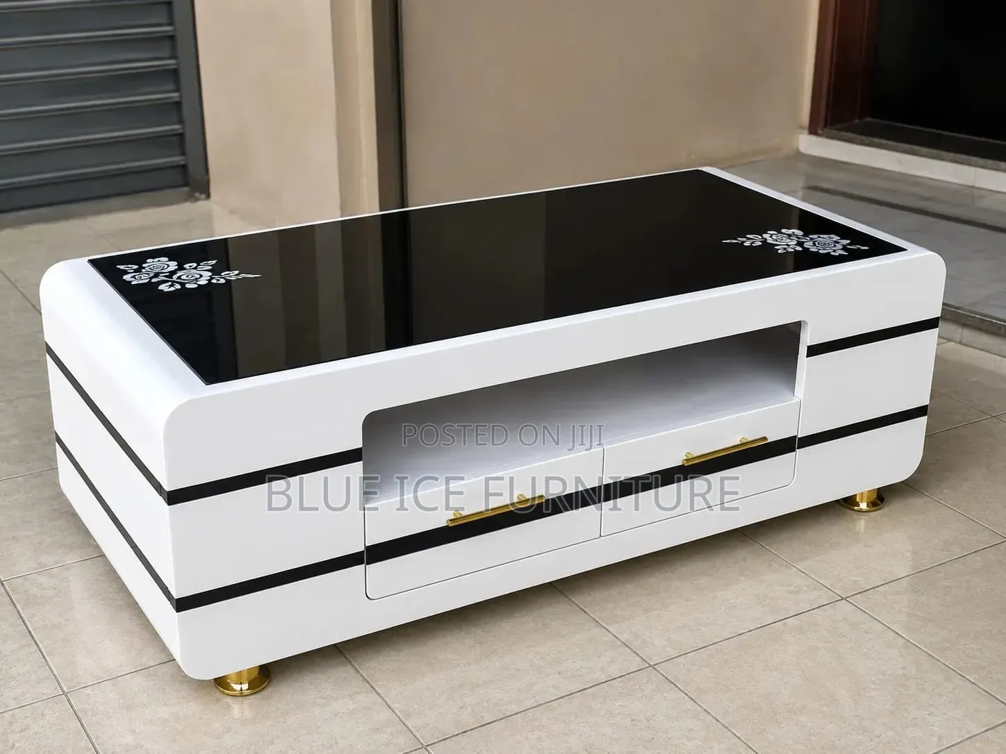Coffee Table -Modern White Black Glass Top Coffee Table With Drawers
