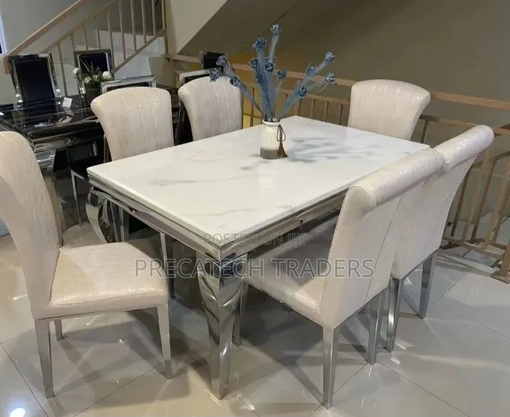 Luxury 6 Seater Dining Table Set – White Marble