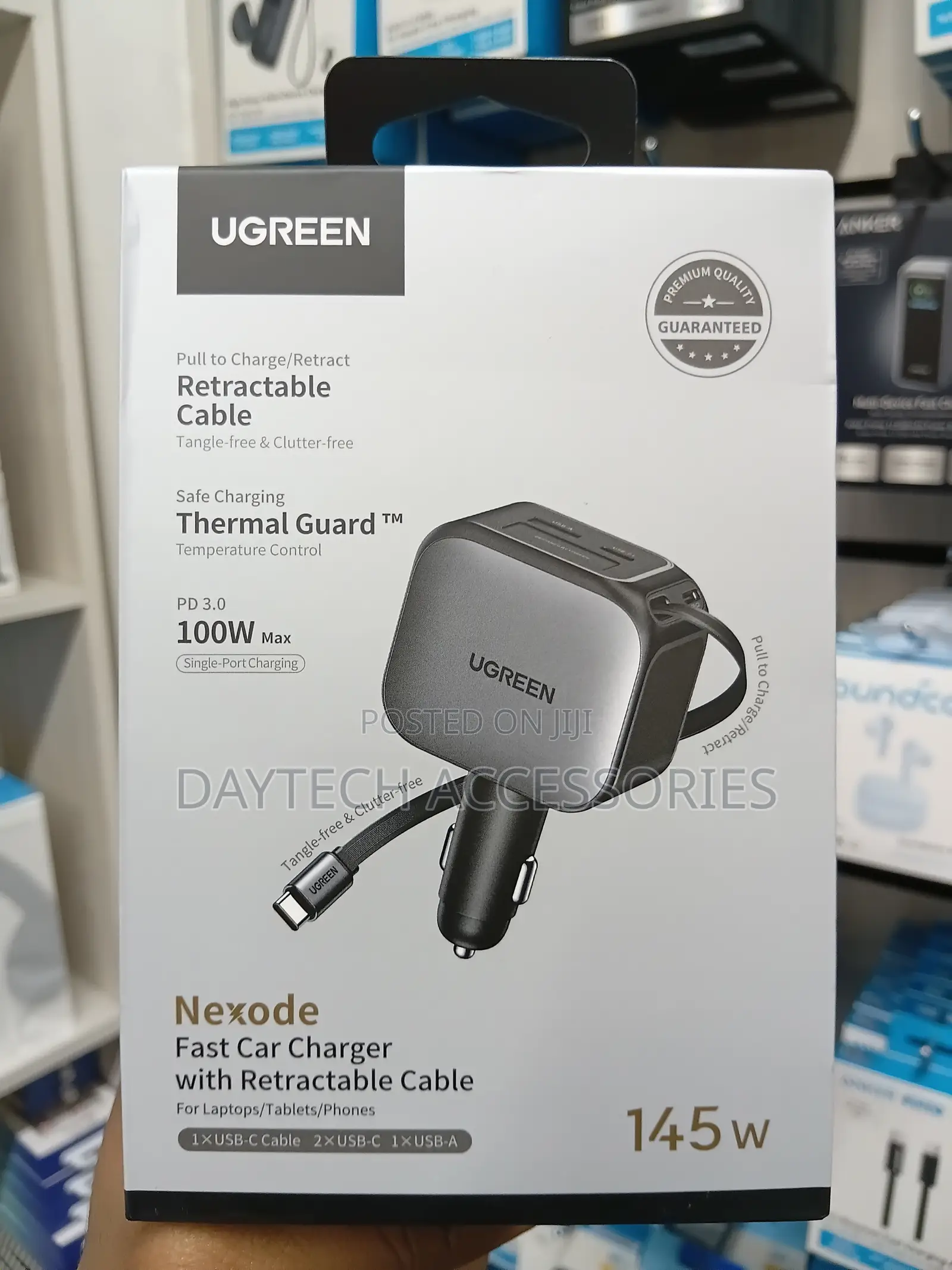 Ugreen 145W Retractable Car Charger With 4 USB-A and USB-C Ports.
