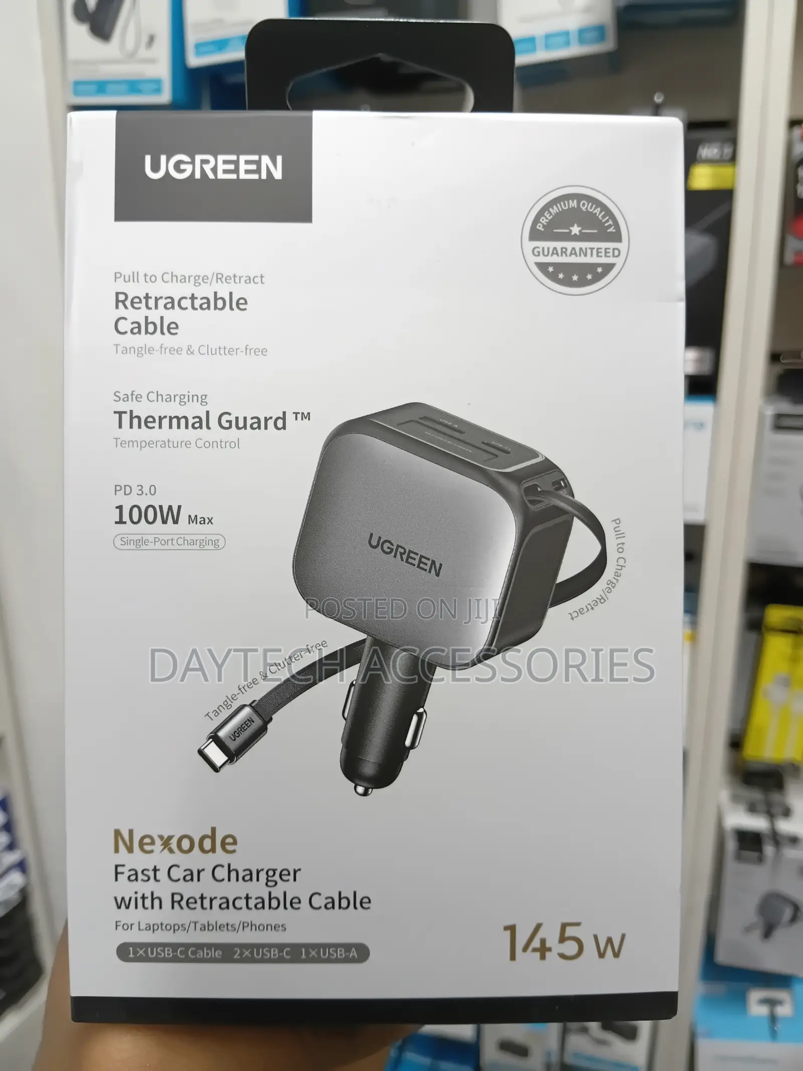 Ugreen 145W Retractable Car Charger With 4 USB-A and USB-C Ports.