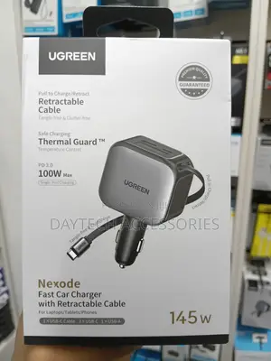 Ugreen 145W Retractable Car Charger With 4 USB-A and USB-C Ports.