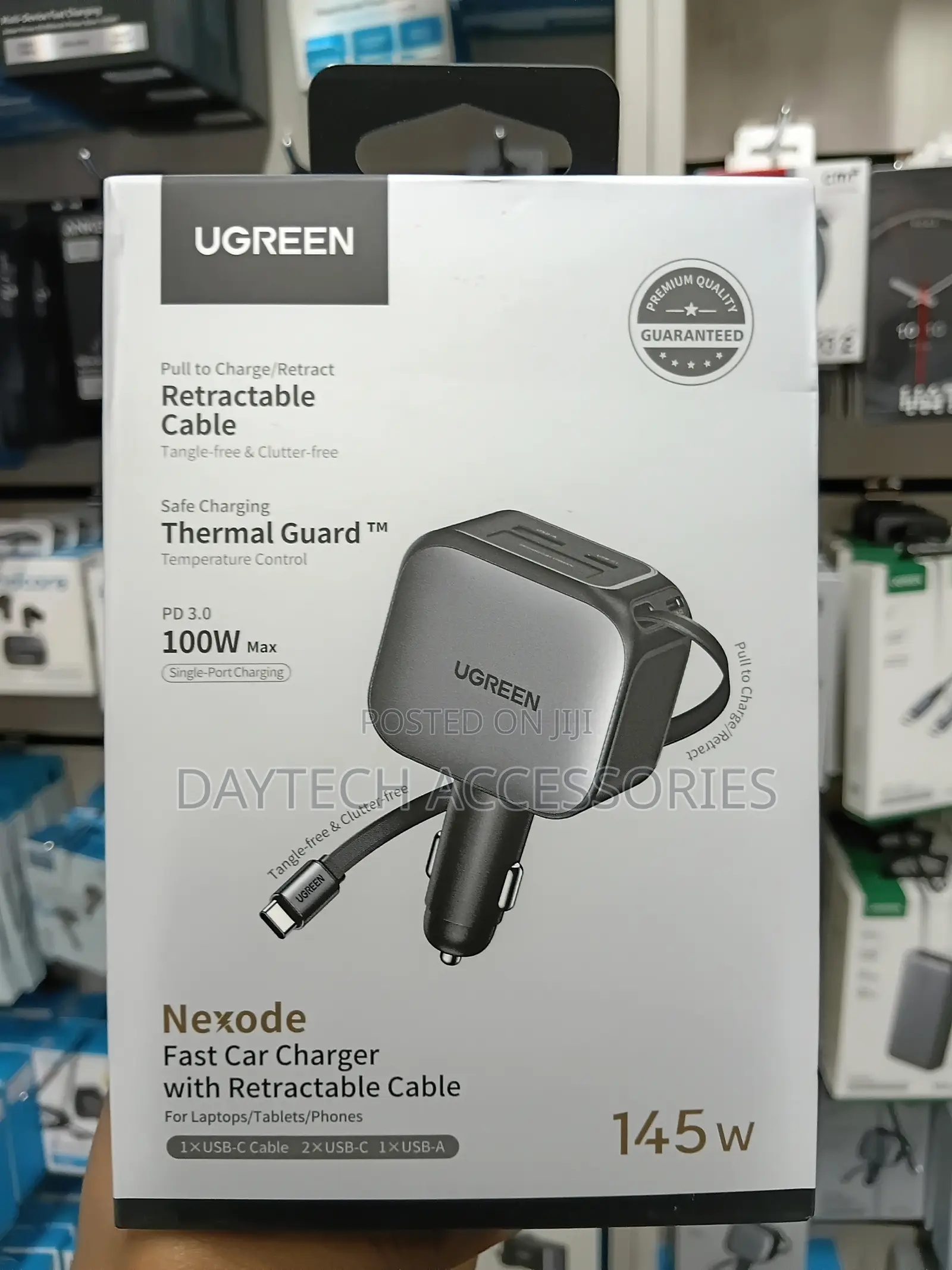 Ugreen 145W Retractable Car Charger With 4 USB-A and USB-C Ports.