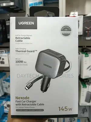 Ugreen 145W Retractable Car Charger With 4 USB-A and USB-C Ports.