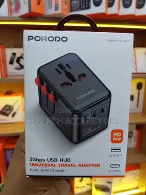 The Porodo 5Gbps USB Hub Universal Travel Adapter (65W GaN Charger)