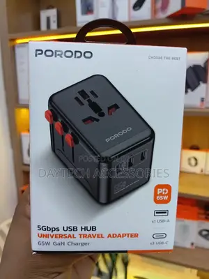 The Porodo 5Gbps USB Hub Universal Travel Adapter (65W GaN Charger)