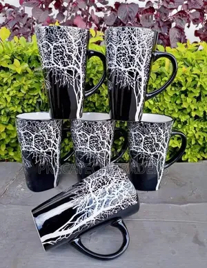 Black Ceramic Tea Cups With White Tree Pattern – 6Pcs
