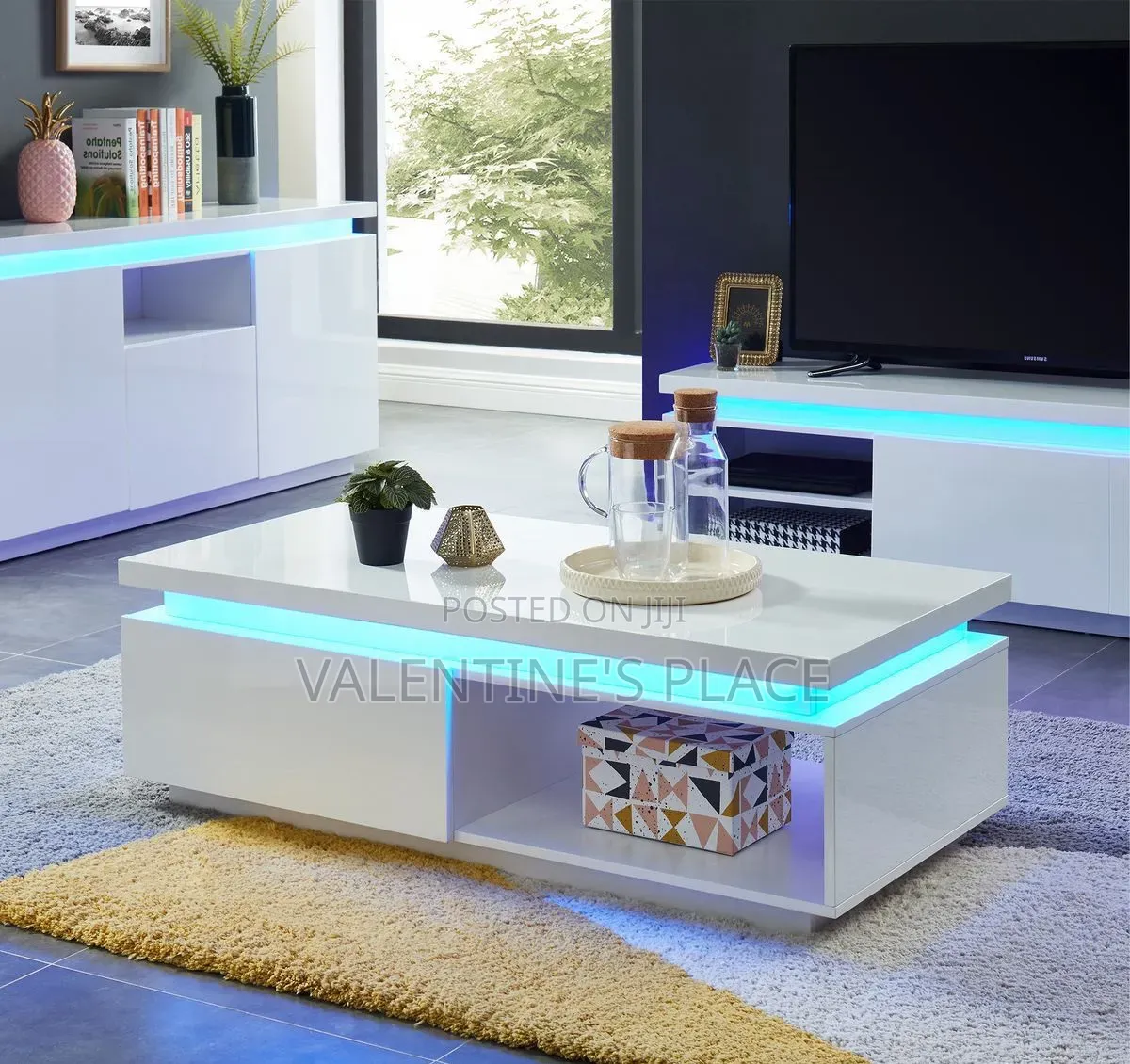 Luxurious Modern High-Gloss White Coffee Table With LED Lighting