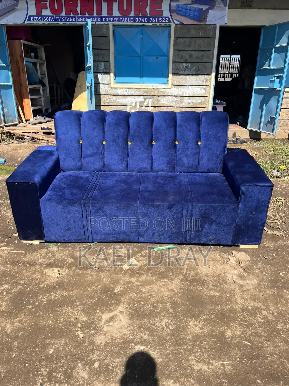 Royal Blue Channel-Tufted 3-Seater Sofa