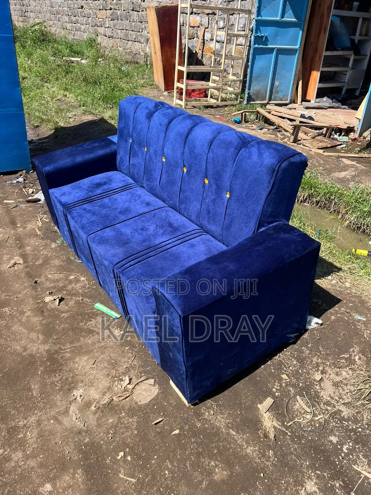 Royal Blue Channel-Tufted 3-Seater Sofa