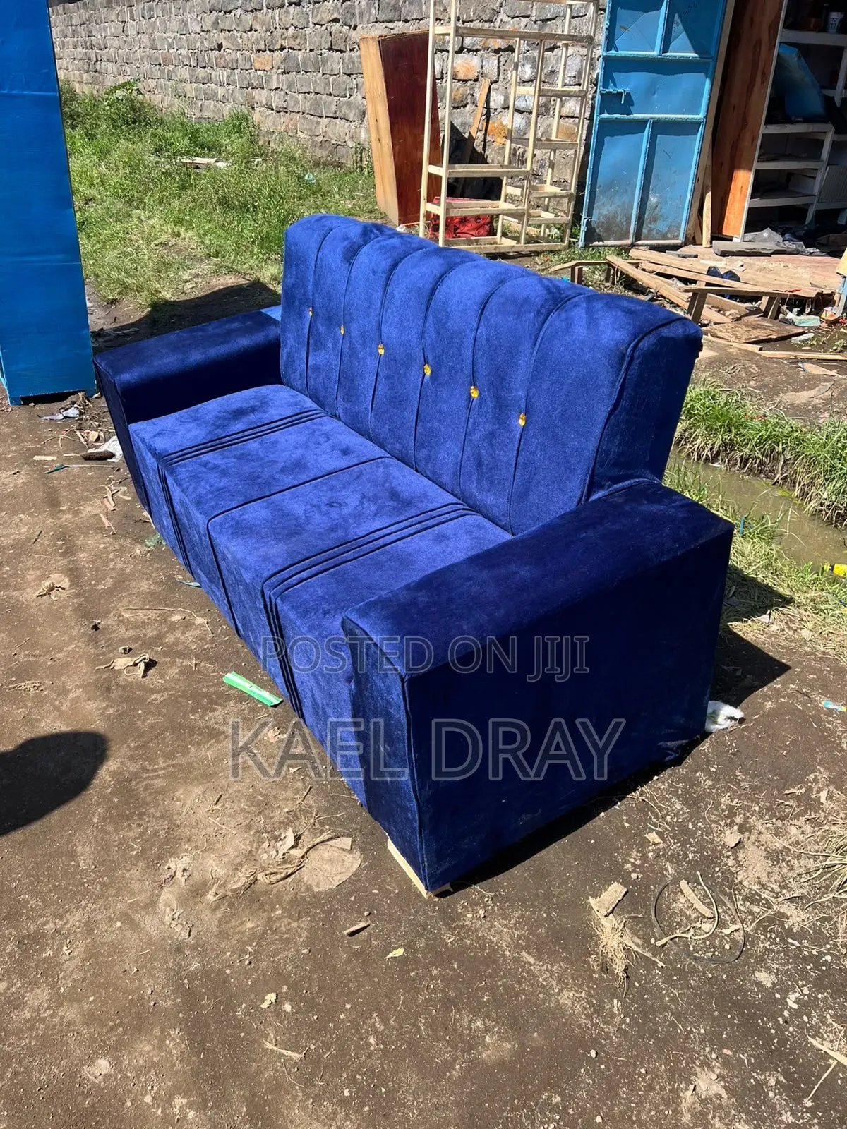 Royal Blue Channel-Tufted 3-Seater Sofa