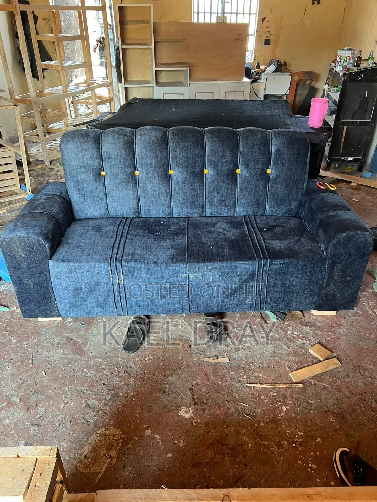 Charcoal Blue Channel-Tufted 2-Seater Sofa
