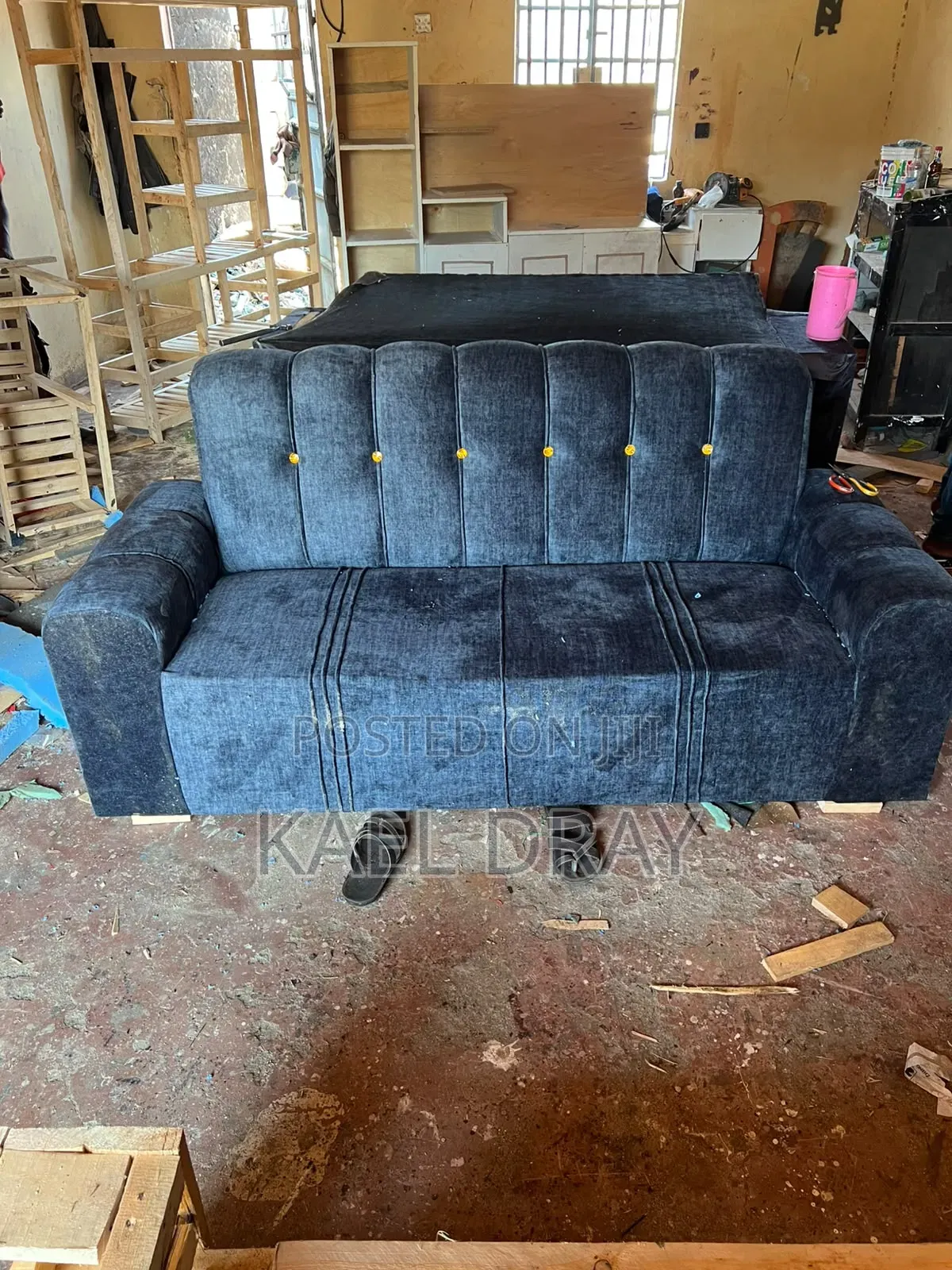 Charcoal Blue Channel-Tufted 2-Seater Sofa
