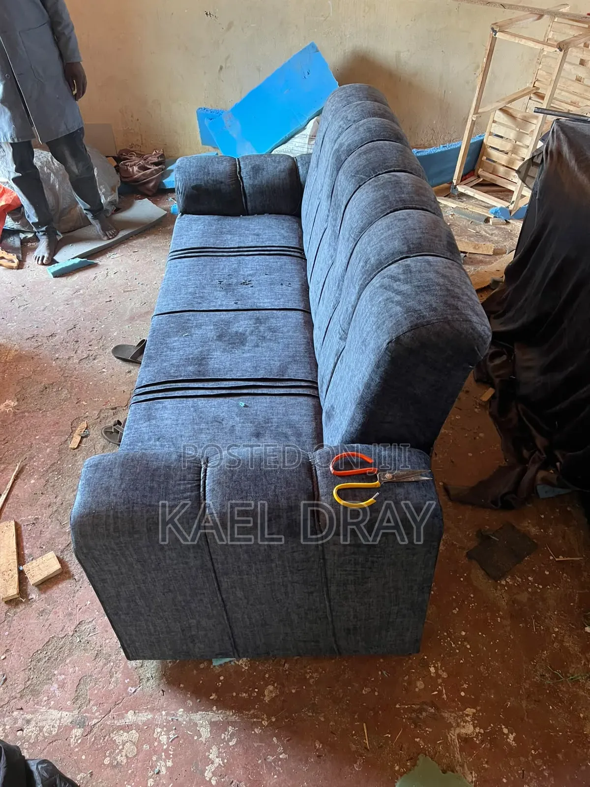 Charcoal Blue Channel-Tufted 2-Seater Sofa