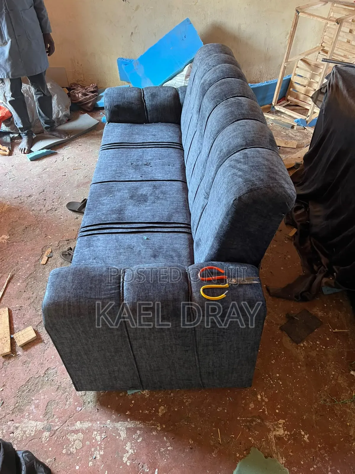 Charcoal Blue Channel-Tufted 2-Seater Sofa