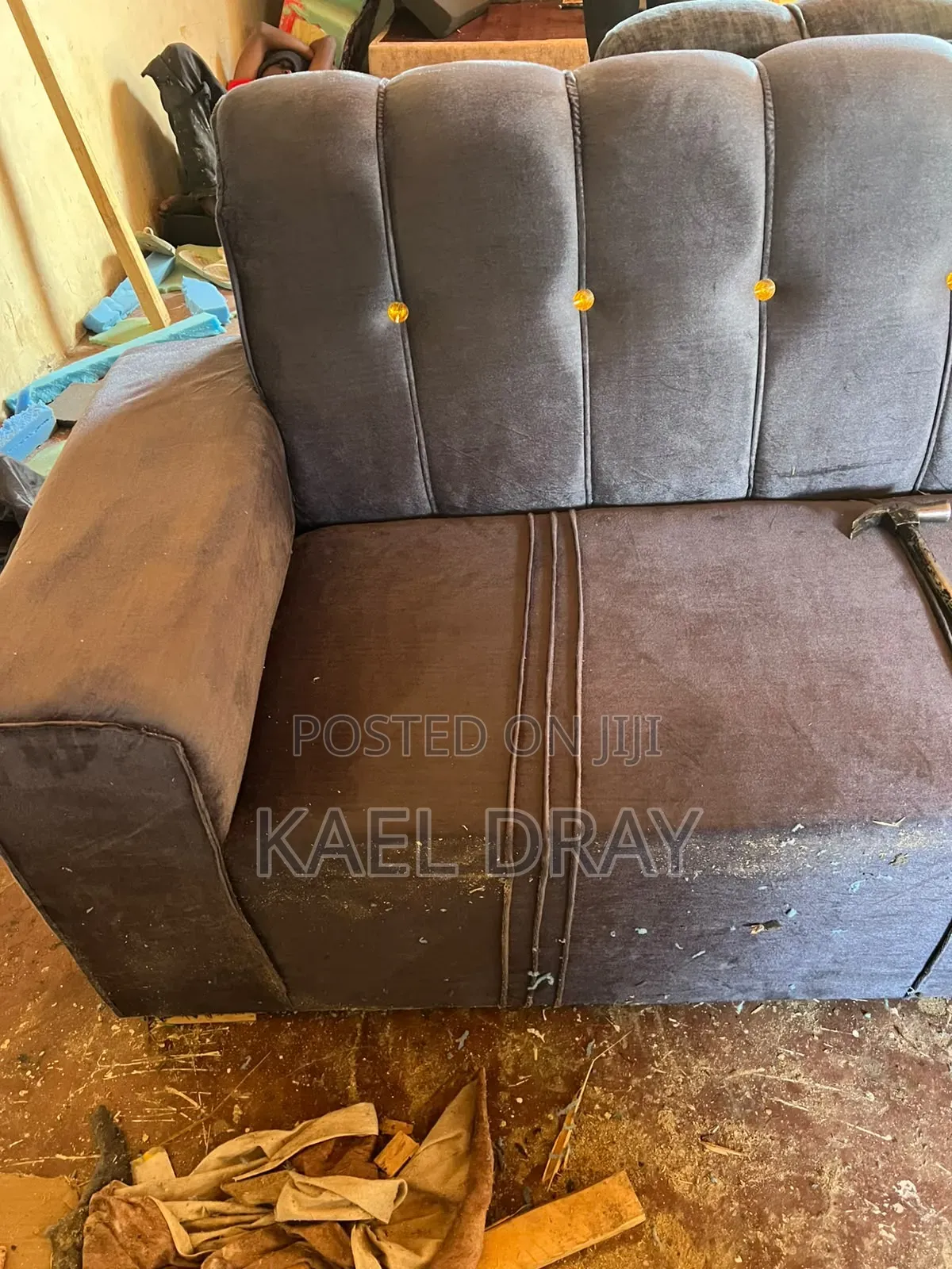 Grey Channel-Tufted Sofa Set With Button Detailing