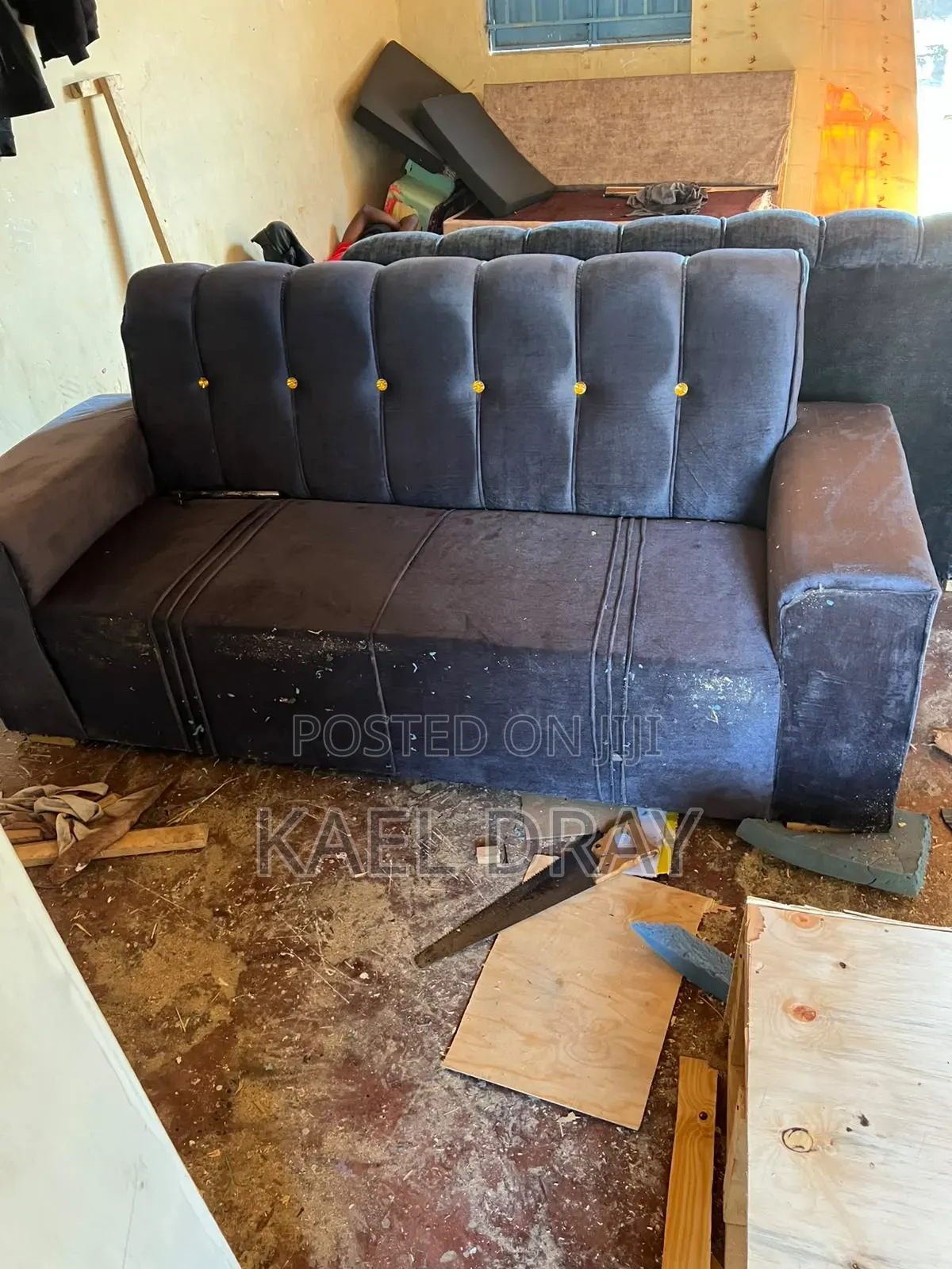 Grey Channel-Tufted Sofa Set With Button Detailing