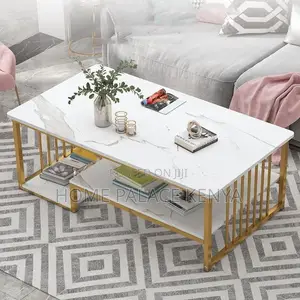 Coffee Table; Rectangular Marble Top Coffee Table With Storage Shelf