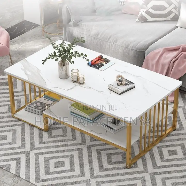 Coffee Table; Rectangular Marble Top Coffee Table With Storage Shelf