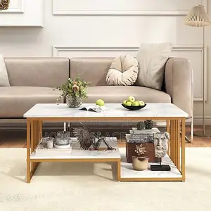 Coffee Table; Rectangular Marble Top Coffee Table With Storage Shelf