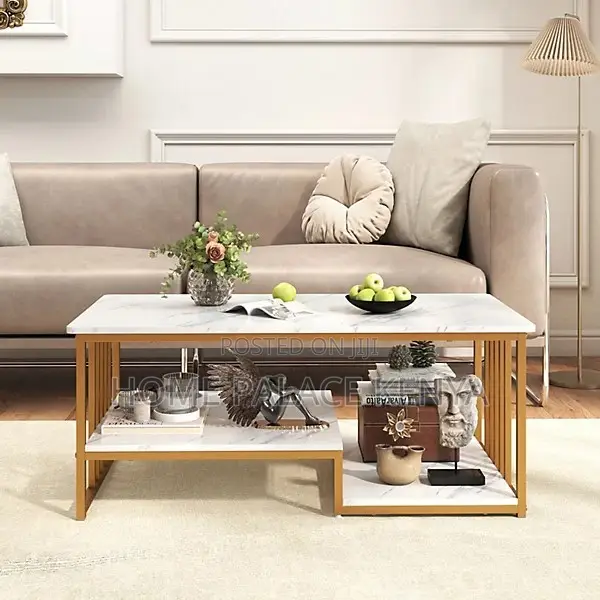 Coffee Table; Rectangular Marble Top Coffee Table With Storage Shelf