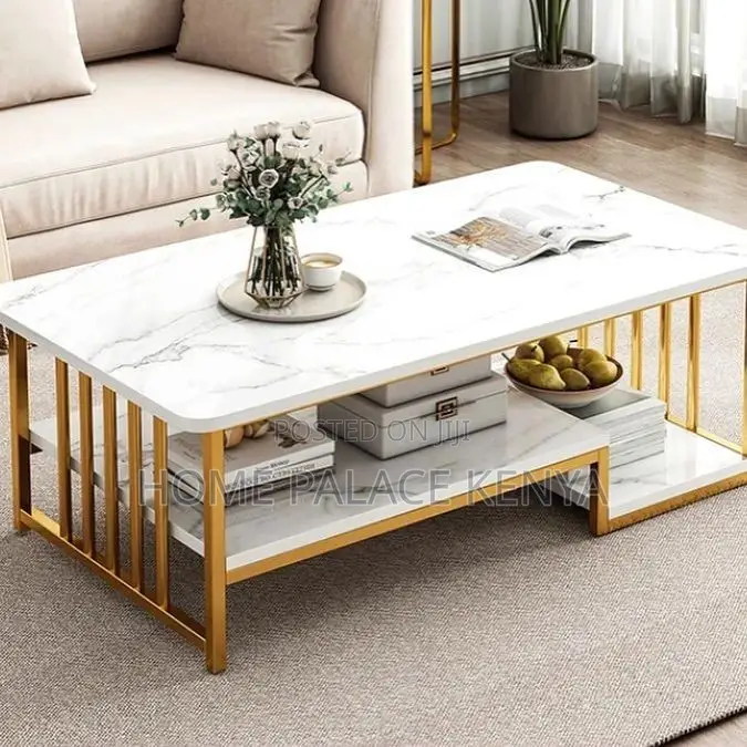 Coffee Table; Rectangular Marble Top Coffee Table With Storage Shelf