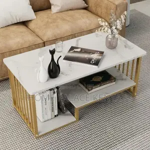Coffee Table; Rectangular Marble Top Coffee Table With Storage Shelf