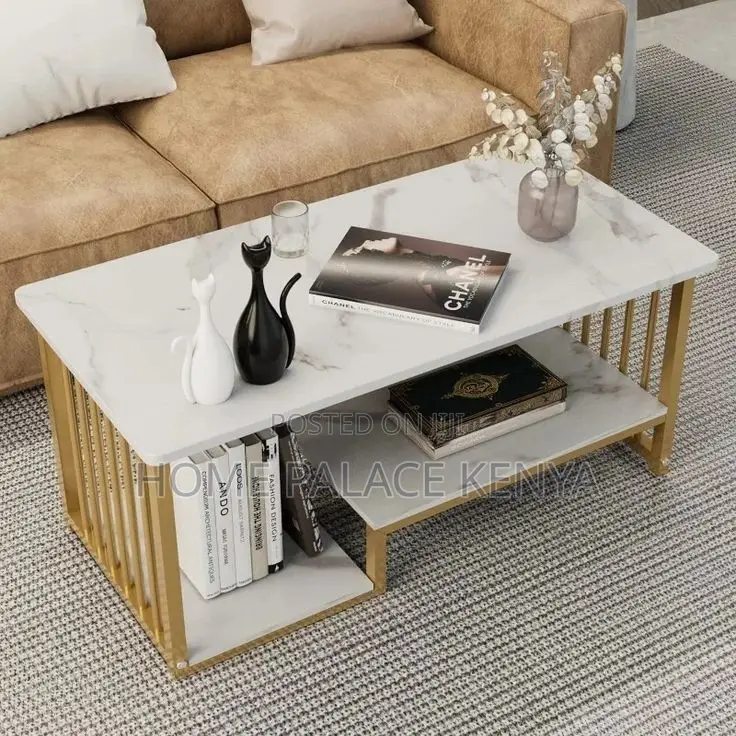 Coffee Table; Rectangular Marble Top Coffee Table With Storage Shelf