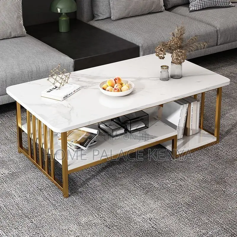 Coffee Table; Rectangular Marble Top Coffee Table With Storage Shelf
