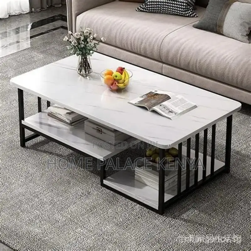 Coffee Table; Rectangular Marble Top Coffee Table With Storage Shelf