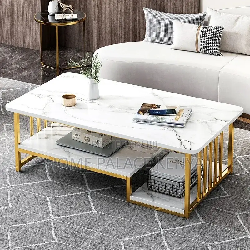 Coffee Table; Rectangular Marble Top Coffee Table With Storage Shelf