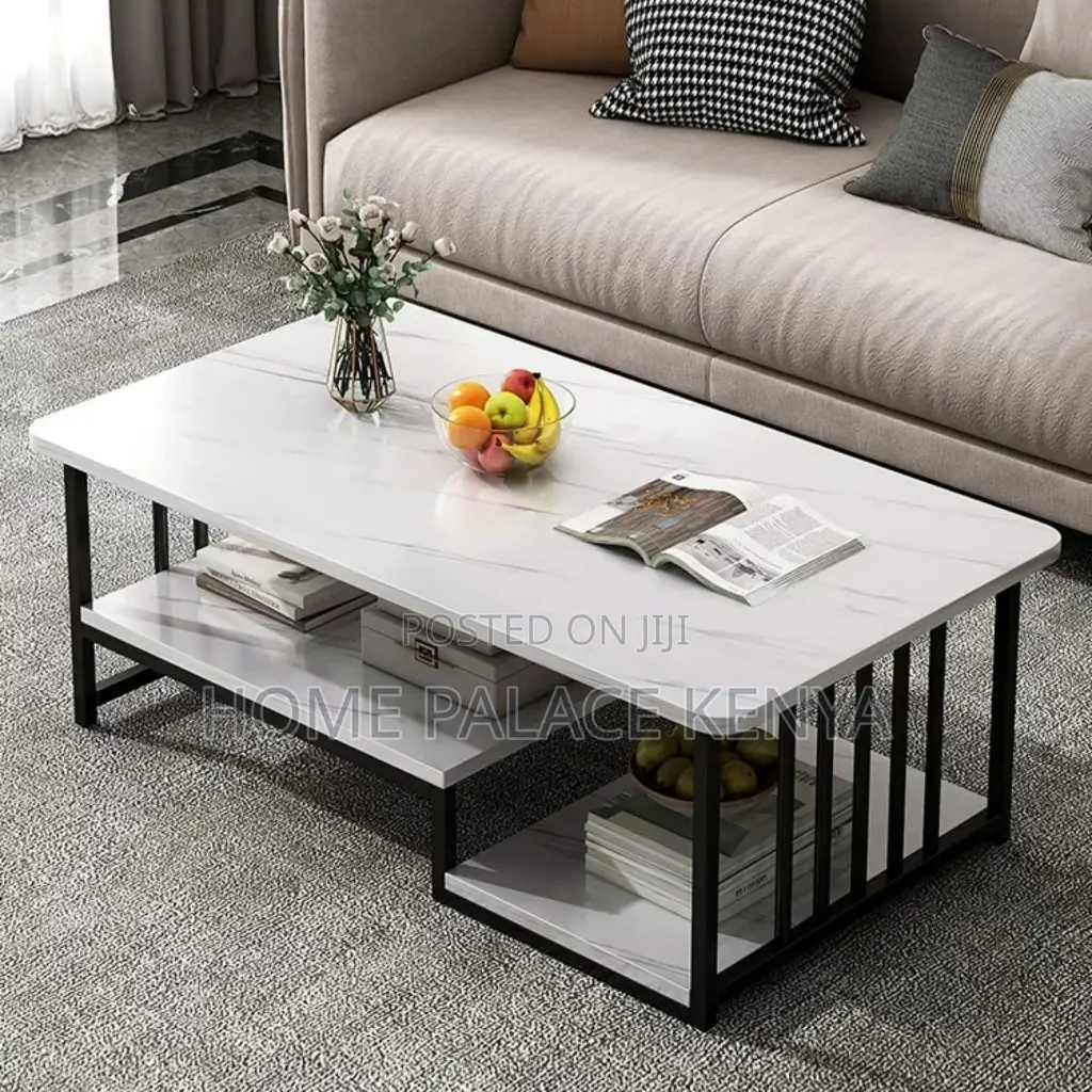Coffee Table; Rectangular Marble Top Coffee Table With Storage Shelf