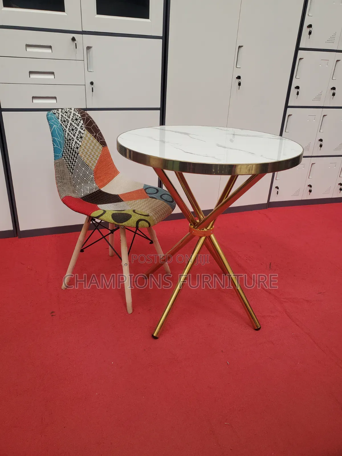 Criss Cross Base Table and Patchwork Eames Chair