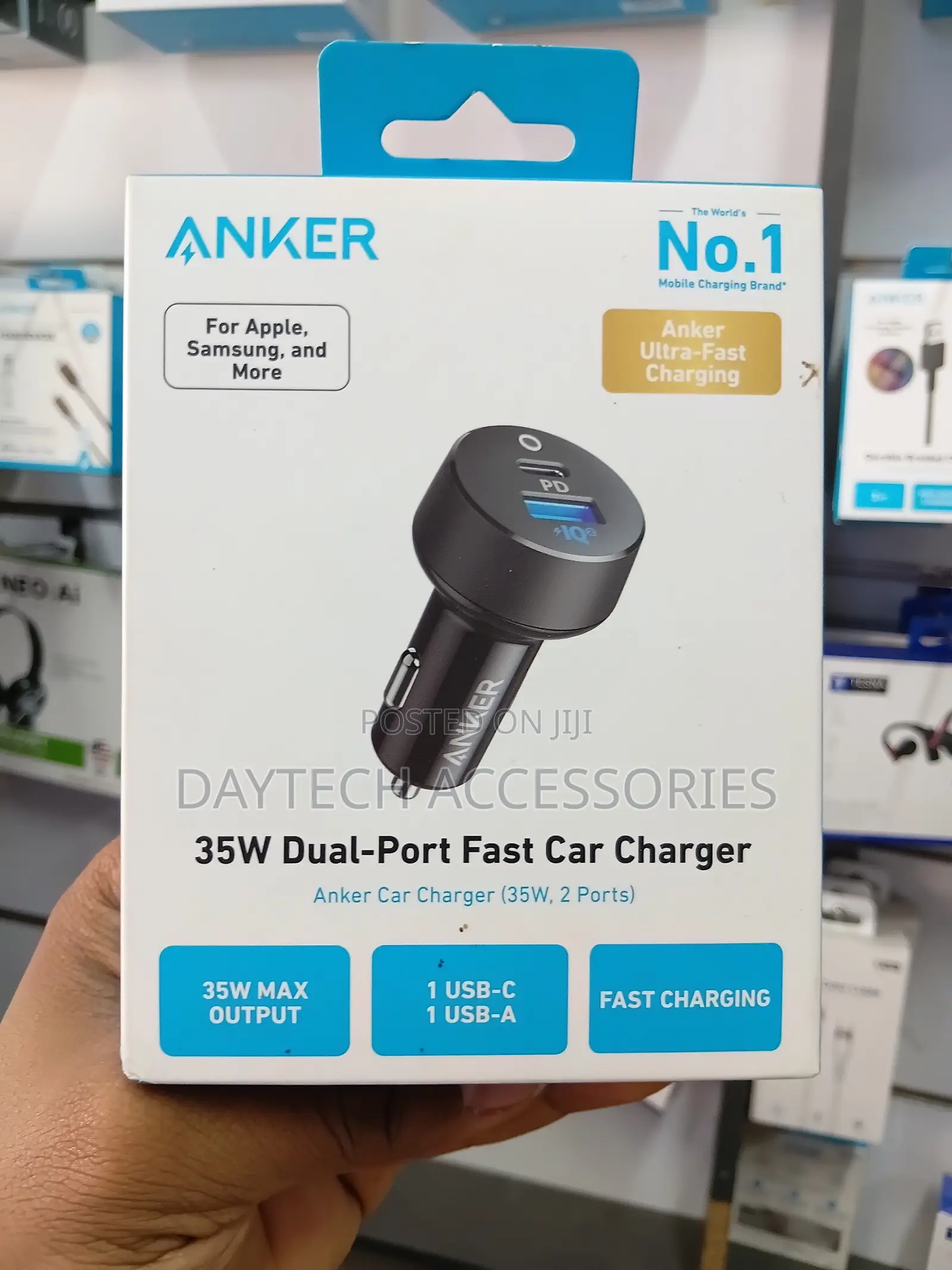 The Anker PowerDrive PD+ 2 35W Dual-Port Fast Car Charger.
