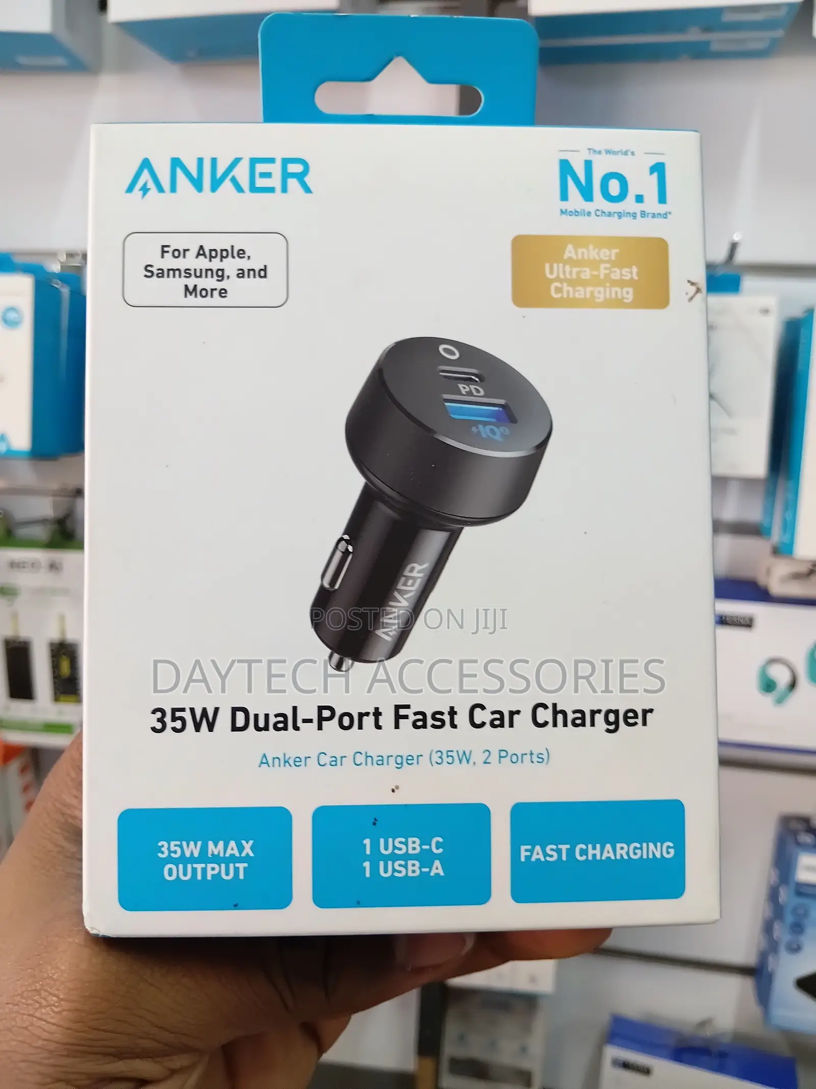 The Anker PowerDrive PD+ 2 35W Dual-Port Fast Car Charger.