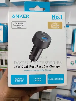 The Anker PowerDrive PD+ 2 35W Dual-Port Fast Car Charger.