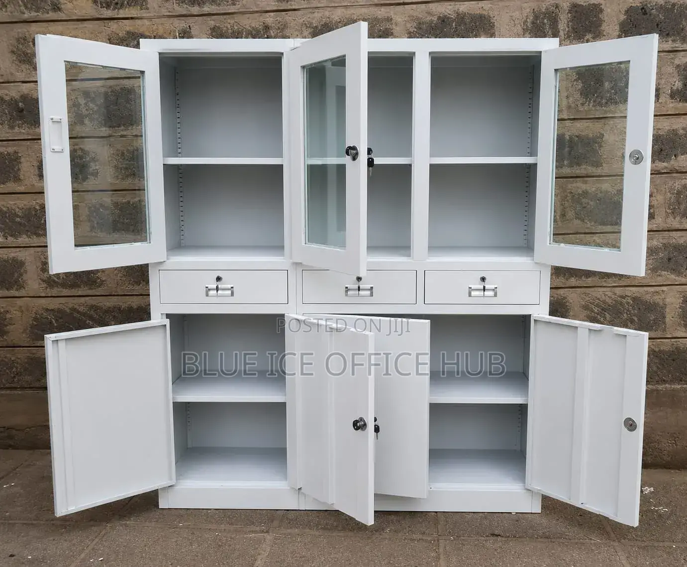 4 Door Steel Office Cabinet With Glass Doors – Lockable Filing/Storage