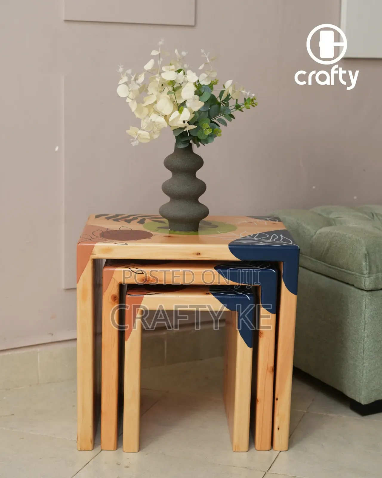 Botanical Art Nesting Stools - Set of 3, Cypress Wooden Stools
