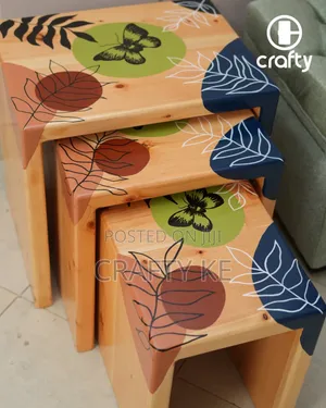 Botanical Art Nesting Stools - Set of 3, Cypress Wooden Stools
