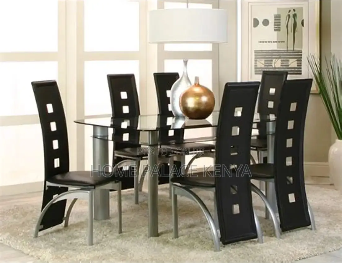 Dining Set; Complete 6 Seater Glass Top Dining Table and Chairs Set
