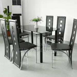 Dining Set; Complete 6 Seater Glass Top Dining Table and Chairs Set