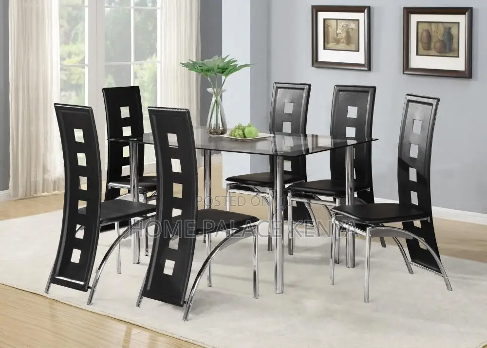 Dining Set; Complete 6 Seater Glass Top Dining Table and Chairs Set