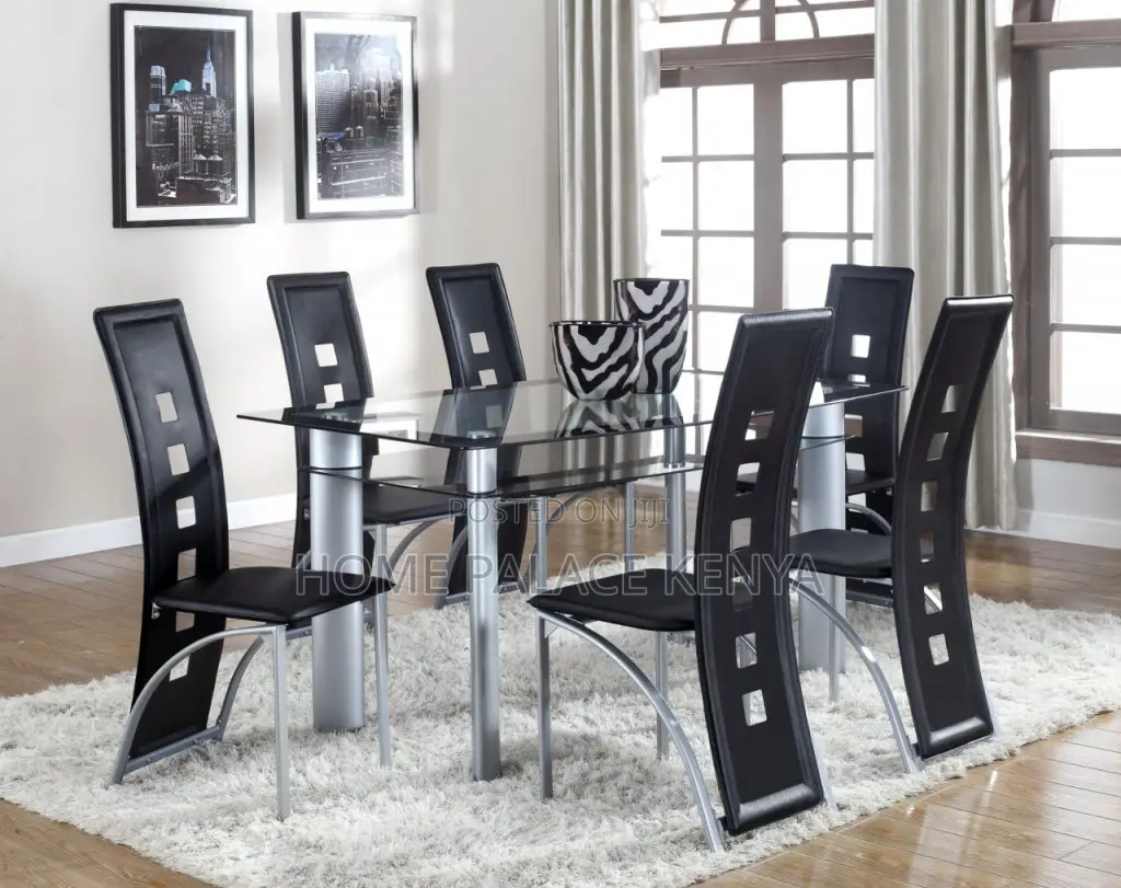 Dining Set; Complete 6 Seater Glass Top Dining Table and Chairs Set